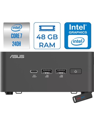 Asus Nuc 15 Pro Tall Kit Intel Core 7-240H 5.2ghz Up 48GB Ddr5 256GB SSD Intel® Graphics Freedos Mini Masaüstü Bilgisayar RNUC15CRHC700002F16+ZETTAUSBBELLEK