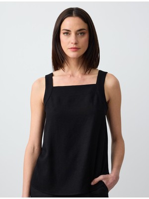 Jimmy Key Siyah Kare Yaka Kolsuz Keten Karışımlı Dokuma Bluz