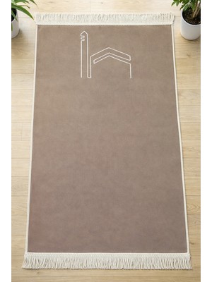 İhvan Online Kabe Işlemeli Lüks Kadife Seccade - Çeyizlik, Hac ve Umre Hediyelik Namazlık - Bej