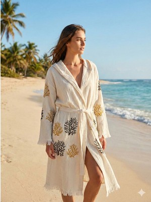 Tekstilize Mercan Desenli Müslin Bornoz Yumuşak, Hafif ve Nefes Alan Dokuma (%100 Pamuklu)