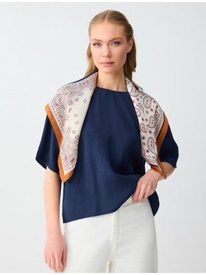 Jimmy Key Lacivert Rahat Kesim Kısa Kollu Yuvarlak Yaka Dokuma Bluz