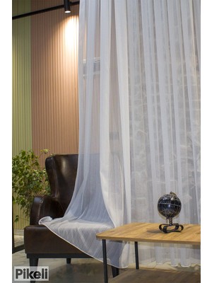 Pikeli - Akdeniz Ince Çizgili Modern Tül Perde – Zarif Düşüşlü, Estetik Dökümlü - 1x3 Sık Pile - Hazır Dikim