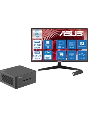 Asus Nuc 15 Pro Tall Kit Intel Core 7-240H 5.2ghz Up 24GB Ddr5 512GB SSD Intel® Graphics Asus 120Hz IPS 27 Inç Fhd Mon. WIN11PRO Mini Masaüstü Bilgisayar RNUC15CRHC70000227P07+ZETTAUSBBELLEK