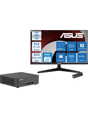 Asus Nuc 15 Pro Slim Kit Intel Core 5-225H 4.9ghz Up 16GB Ddr5 256GB SSD Intel® Graphics Asus 120Hz IPS 23.8 Fhd Mon. Freedos Mini Masaüstü Bilgisayar RNUC15CRKU50000223F01+ZETTAUSBBELLEK