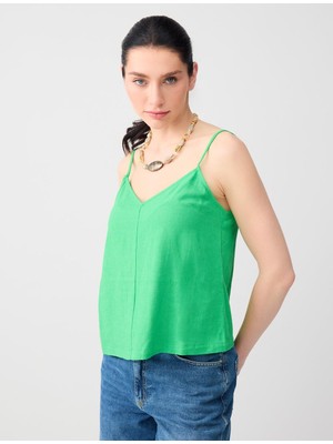 Jimmy Key Yeşil V Yaka Askılı Keten Karışımlı Dokuma Bluz