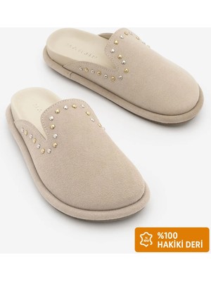 Marjin Kadın Hakiki Deri Zımbalı Troklu Sabo Günlük Terlik Sufite Bej Süet