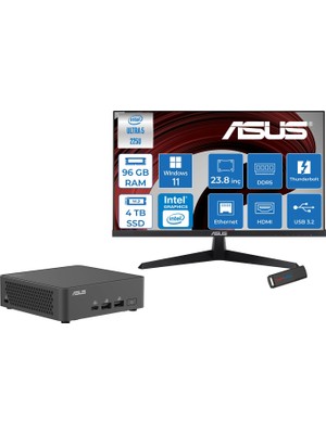 Asus Nuc 15 Pro Slim Kit Intel Core 5-225H 4.9ghz Up 96GB Ddr5 4tb SSD Intel® Graphics Asus 120Hz IPS 23.8 Fhd Mon. WIN11HOME Mini Masaüstü Bilgisayar RNUC15CRKU50000223H35+ZETTAUSBBELLEK