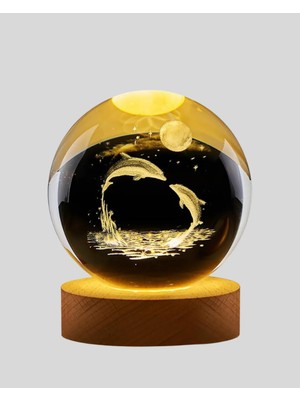 3D Yunus Desenli Kristal Küre Ahşap Tabanlı Işıklı Dekor Objesi Tdms-07