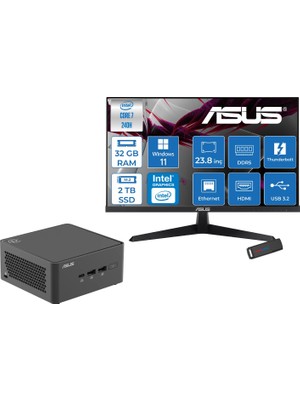 Asus Nuc 15 Pro Tall Kit Intel Core 7-240H 5.2ghz Up 32GB Ddr5 2tb SSD Intel® Graphics Asus 120Hz IPS 23.8 Fhd Mon. WIN11PRO Mini Masaüstü Bilgisayar RNUC15CRHC70000223P14+ZETTAUSBBELLEK
