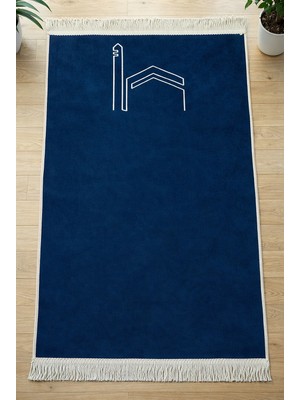 İhvan Online Kabe Işlemeli Lüks Kadife Seccade - Çeyizlik, Hac ve Umre Hediyelik Namazlık - Lacivert