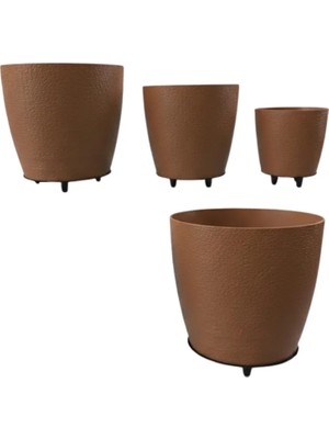 4’lü 3D Kahverengi Dekoratif Vazo Seti Modern Ayaklı Şık Saksı Takımı Tdms-07