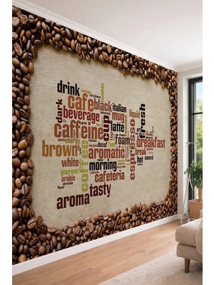 Dreamwall Kahve Çekirdeği Çerçeveli Coffee Words Yazı Desenli Tek Parça Duvar Kağıdı