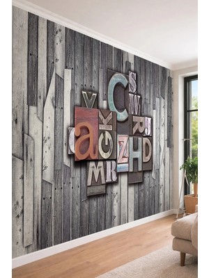 Dreamwall 3D Görünümlü Ahşap Panel ve Tipografi Tasarımlı Tek Parça Tekstil Duvar Kağıdı