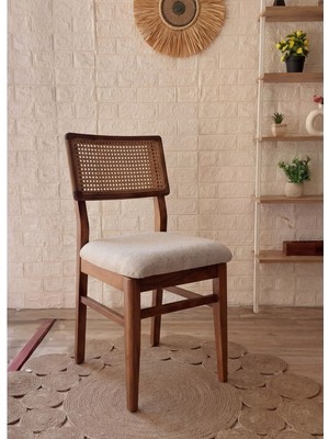 Silla Concept Lizbon Sandalye Teddy Krem Kumaş Hasırlı Ceviz Ahşap Sandalye