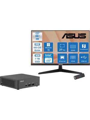 Asus Nuc 15 Pro Slim Kit Intel Core 7-240H 5.2ghz Up 48GB Ddr5 1tb SSD Intel® Graphics Asus 120Hz IPS 27 Inç Fhd Mon. WIN11HOME Mini Masaüstü Bilgisayar RNUC15CRKC70000227H18+ZETTAUSBBELLEK
