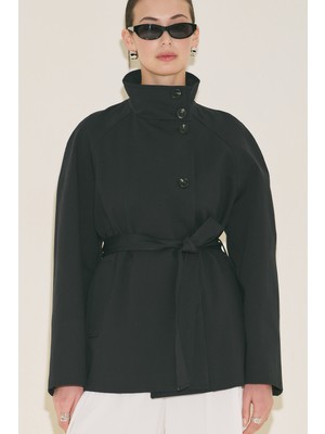 Manuka Henna Yüksek Yaka Trençkot Siyah