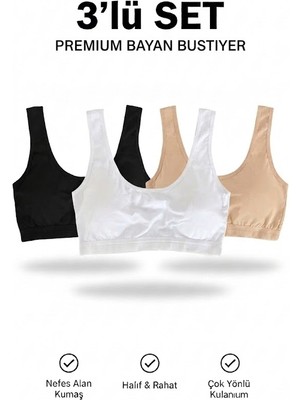 Woan Kadın Spor Bustiyer 3'lü Paket Kalın Askılı Crop Atlet Siyah Beyaz Ten Rengi