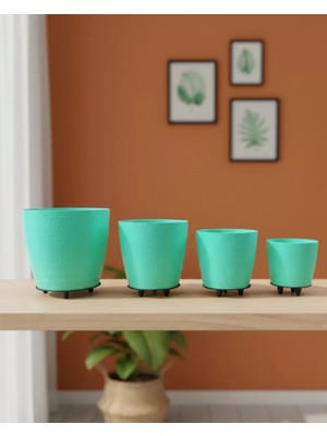 4’lü 3D Yeşil Dekoratif Vazo Seti Modern Ayaklı Şık Saksı Takımı