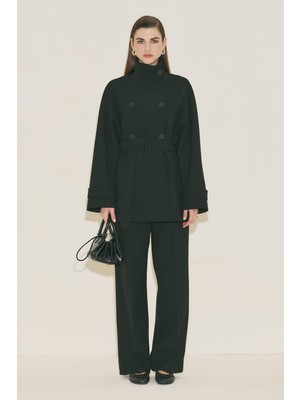 Manuka Yüksek Yaka Kemerli Trençkot Siyah