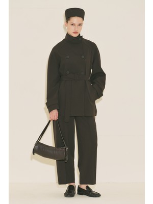 Manuka Yüksek Yaka Kemerli Trençkot Acı Kahve