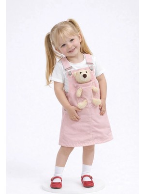 Sibel Günay Butik Kız Çocuk Ayıcıklı Pudra Pembe Salopet Elbise – Pembe Cepli Askılı Çocuk Elbisesi