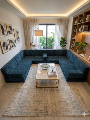 Bakırözü Home Premium Kadife Kumaş, Konforlu Yer Kanepesi ,modüler Şark Köşesi Takımı - Mavi- U Set