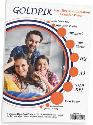 Goldpix A3 Süblimasyon Kağıdı 108 gr Hızlı Kuruyan Transfer Kağıdı 100 Yaprak