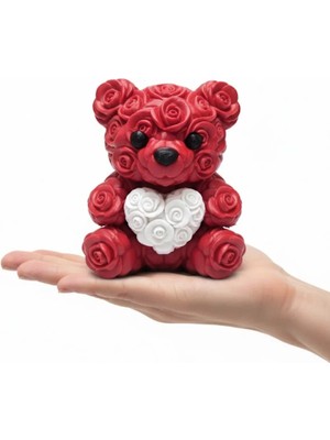 3D Kalp Ayıcık 10 cm Gül Detaylı Dekoratif Hediye Obje Tdms-07