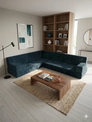 Bakırözü Home Premium Kadife Kumaş, Konforlu Yer Kanepesi ,modüler Şark Köşesi Takımı - Mavi- L Set