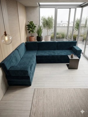 Bakırözü Home Premium Kadife Kumaş, Konforlu Yer Kanepesi ,modüler Şark Köşesi Takımı - Mavi - 40 Cm- L Set