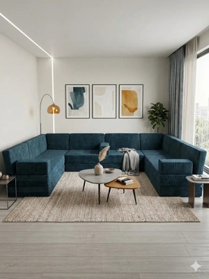 Bakırözü Home Premium Kadife Kumaş, Konforlu Yer Kanepesi ,modüler Şark Köşesi Takımı - Mavi- 40 cm - U Set