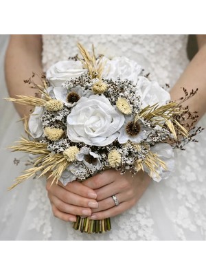 Gold Moda Beyaz Gül Şakayık Papatyalı Gelin El Çiçeği Buketi