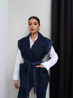 Esra Helvacı Zımba Detaylı Kuşaklı Denim Yelek