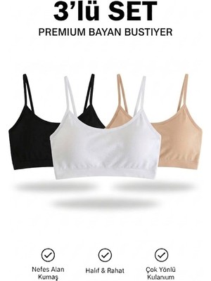 Woan Kadın Spor Bustiyer 3'lü Paket Ince Askılı Crop Atlet Siyah Beyaz Ten Rengi