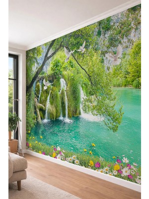 Dreamwall Göl ve Şelale Manzaralı Güvercinli Doğa Temalı Tek Parça Tekstil Duvar Kağıdı
