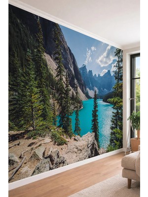 Dreamwall Alp Gölü ve Çam Ormanı Manzaralı - 3D Doğa Temalı Tek Parça Tekstil Duvar Kağıdı