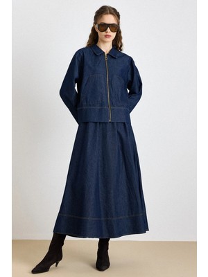Olcay Fermuar Kapamalı Ceket Etek Denim Takım Lacivert 9447-TK