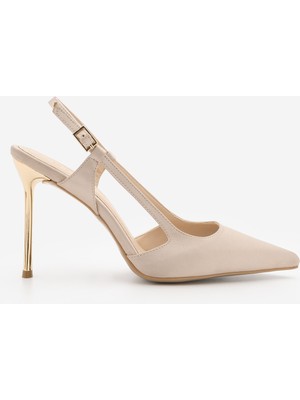 Marjin Kadın Stiletto Sivri Burun Arkası ve Yanları Açık Altın Boyama Ökçeli Ince Topuklu Ayakkabı Rigen Bej Saten