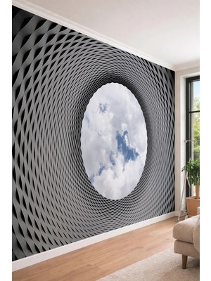 Dreamwall Modern Geometrik Tünel ve Gökyüzü - 3D Derinlik Etkili Tek Parça Tekstil Duvar Kağıdı