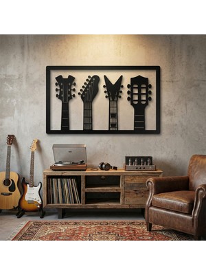 Metla Metal Dörtlü Gitar Sapı Çerçeveli Modern Metal Duvar Tablosu Müzik Odası Stüdyo Yeni Ev Hediye