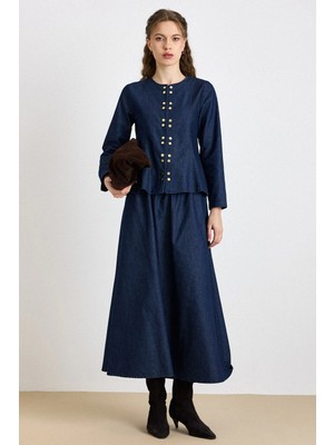 Olcay Metal Çıt Çıt Detaylı Ceket Etek Denim Takım LACİVERT 9448-TK