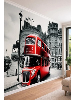 Dreamwall Londra Sokakları ve Retro Otobüs - Şehir Temalı Tek Parça Tekstil Duvar Kağıdı