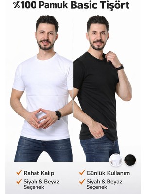 GezegenX Erkek Ikili (2) % 100 Pamuk Tişört Siyah Beyaz T-Shirt