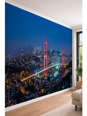 Dreamwall Istanbul Boğazı ve Köprü Gece Manzarası Tek Parça Tekstil Duvar Kağıdı