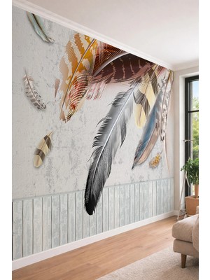 Dreamwall Bohem Tüy Detaylı ve Panel Görünümlü - Modern Sanat Temalı Tek Parça Tekstil Duvar Kağıdı