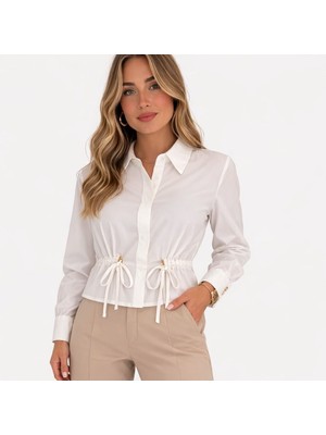 Zg Fashion Büzgü Detaylı Bel Bel Bağcıklı Beyaz Gömlek Gold Düğmeli Kadın Gömlek