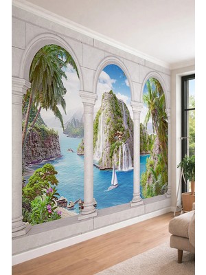 Dreamwall Sütunlu Kemerden Tropikal Ada ve Yelkenli Manzaralı Derinlik Etkili Tekstil Duvar Kağıdı