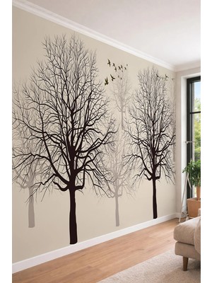 Dreamwall Minimalist Ağaç Silüetleri ve Kuş Figürlü Tek Parça Tekstil Duvar Kağıdı