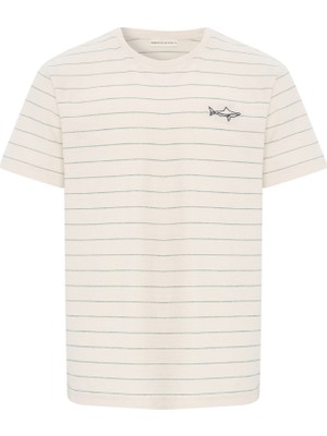 Çizgili Nakışlı Bisiklet Yaka T-Shırt