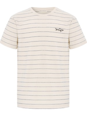 Çizgili Nakışlı Bisiklet Yaka T-Shırt